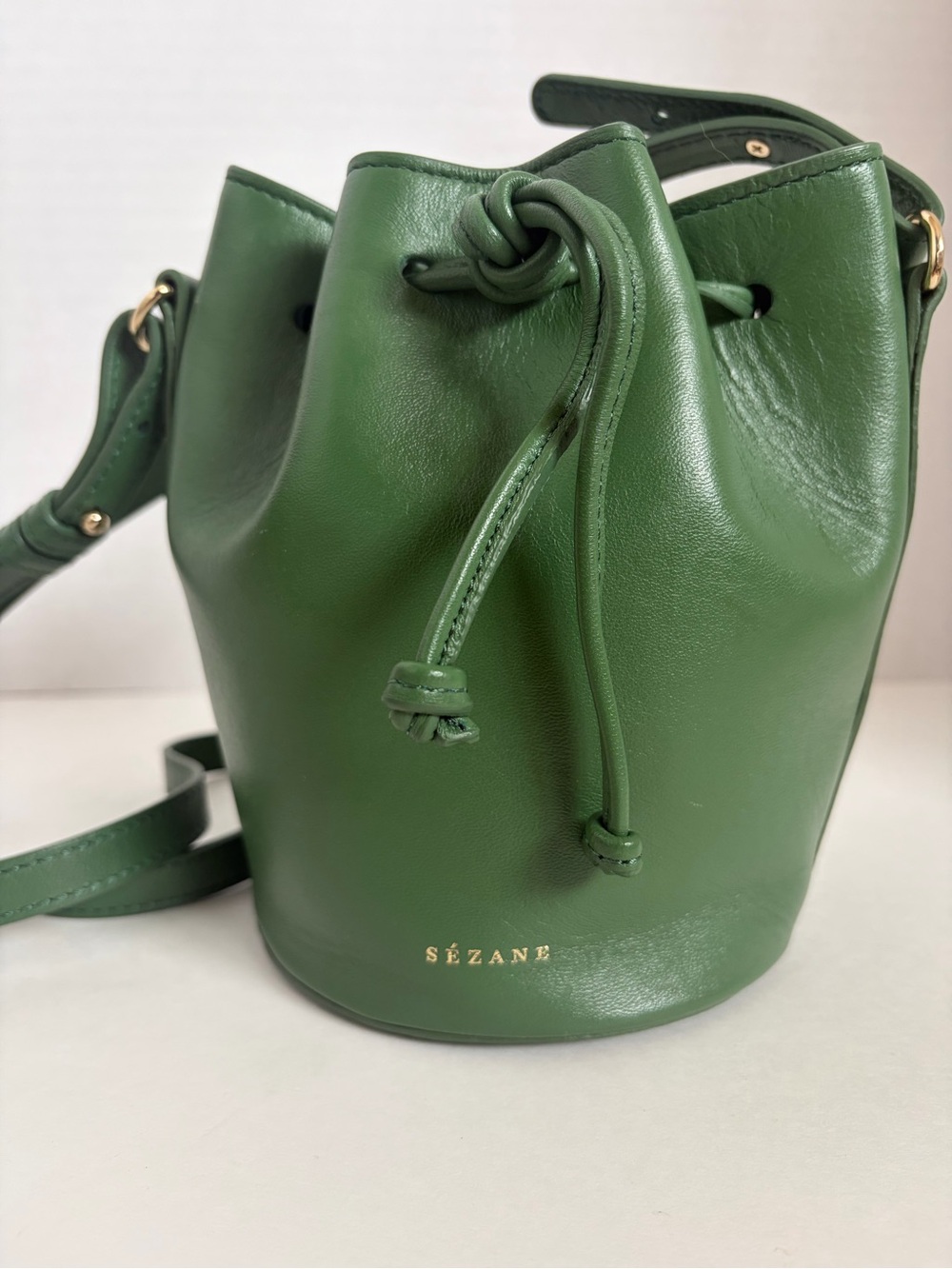Sezane Nano Farrow Bucket Bag Crossbody Purse Mini Handbag Smooth Leather Green - Picture 5 of 13